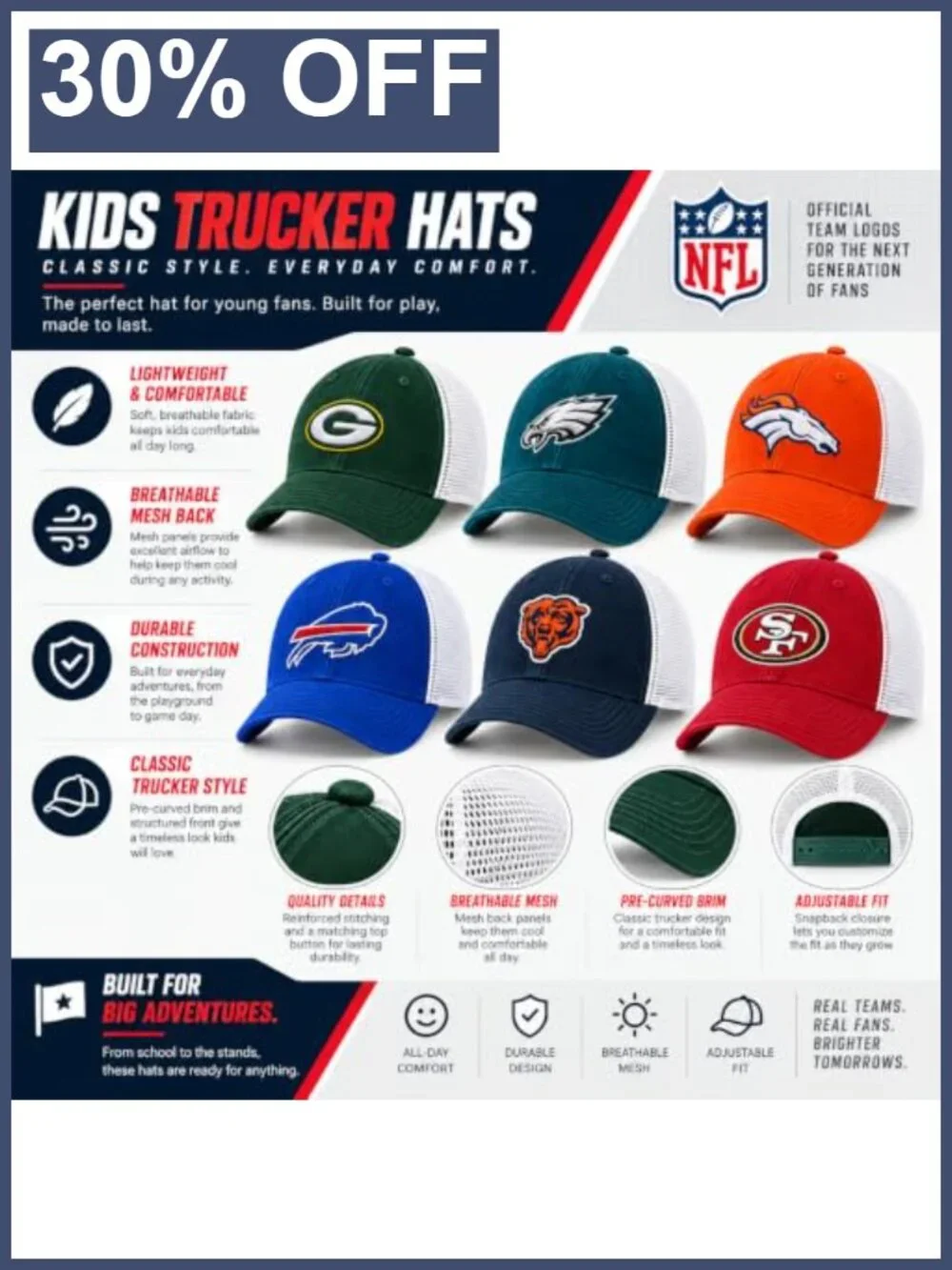 Youth NFL Mesh Trucker Adjustable Snapback Hat Cap One Size